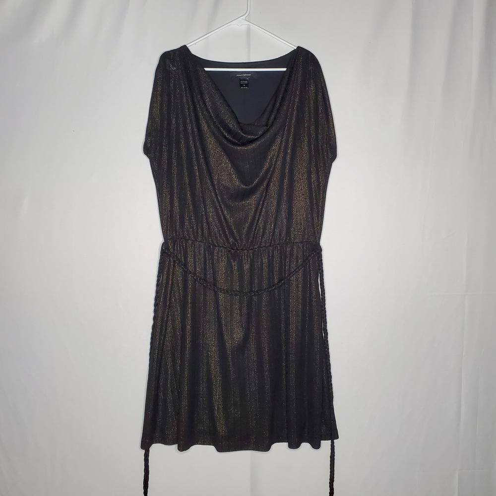 Ashley Stewart Y2K Cowl Neck Mini Dress 18 Black Gold Metallic Belt Party